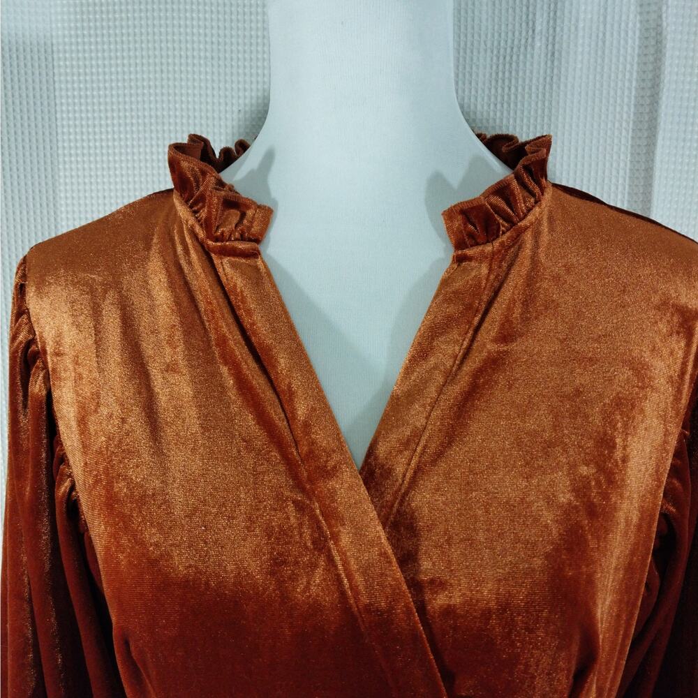 NWOT! UMGEE! ROMANTIC BURNT ORANGE STRETCH VELVET, POUF SLEEVE DRESS! SZ S - Picture 5 of 11